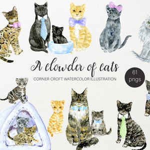 Chat à l’aquarelle « A Clowder de chats », téléchargement immédiat pour les impressions personnalisées et portraits animaux de compagnie