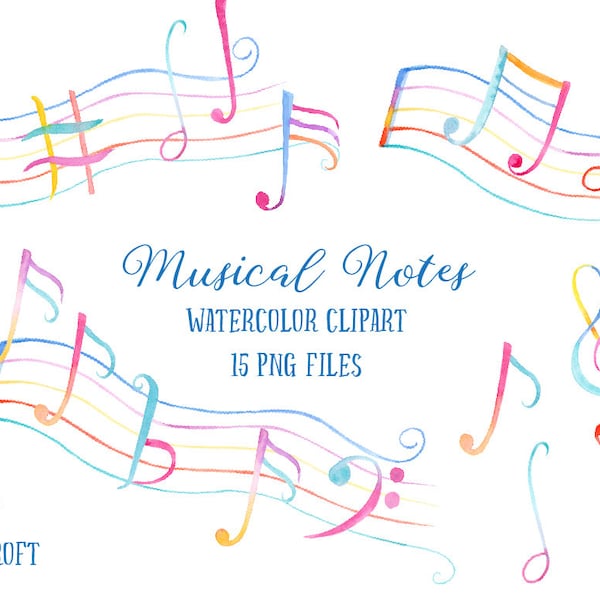 Watercolor Clip Art Musical Notes, musical symbols, colorful musical notes, pink and blue for instant download scrapbook