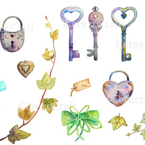 Hochzeit Clipart - Aquarell Vintage Schlüssel und Schloss mit Liebe Herzen, Efeu-Blätter-druckbare sofortigen Download Einladung (set6)