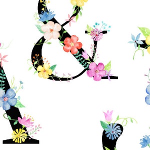 May include: Watercolor floral alphabet letters A, J, and ampersand. The letters are black and outlined with colorful flowers and leaves.