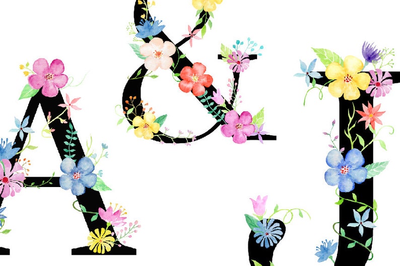 May include: Watercolor floral alphabet letters A, J, and ampersand. The letters are black and outlined with colorful flowers and leaves.