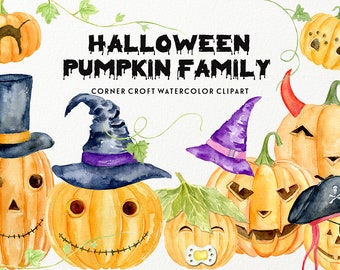 Halloween pumpkin family clipart of funny carved pumpkins for creating personalised prints