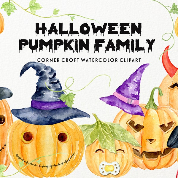 Halloween pumpkin family clipart of funny carved pumpkins for creating personalised prints