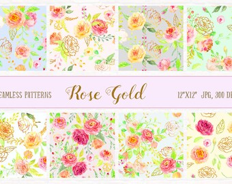 Rose Gold Watercolor Paper, Floral Patterns (Digital Download)