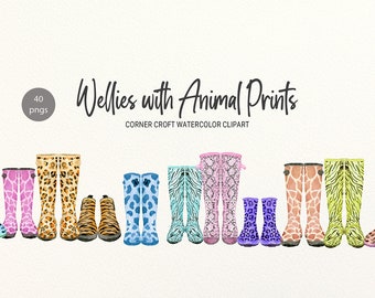 Watercolour welly boots with animal prints  rubber boots instant download