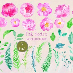 May include: Watercolor clipart set featuring pink peonies, roses, and leaves. The set includes 37 PNG files and is titled "Pink Electric Watercolor Clipart".