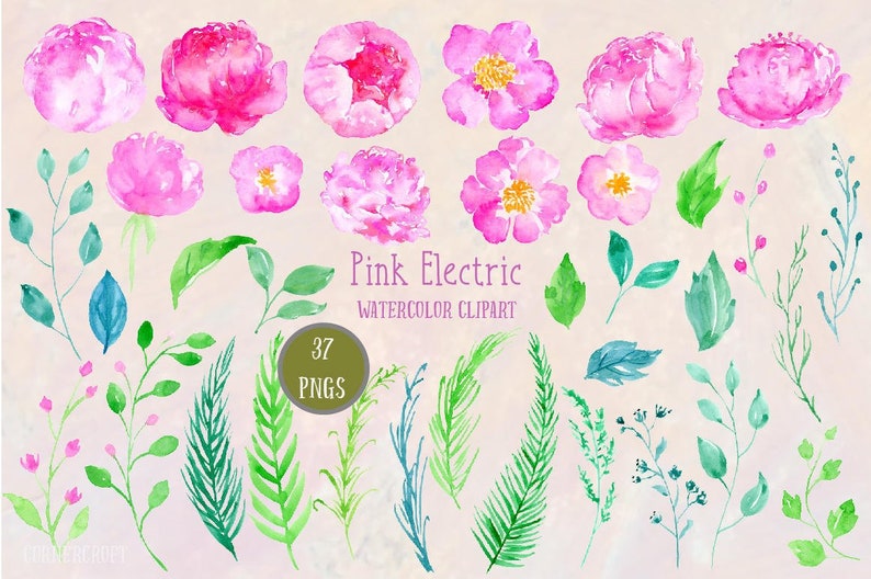May include: Watercolor clipart set featuring pink peonies, roses, and leaves. The set includes 37 PNG files and is titled "Pink Electric Watercolor Clipart".