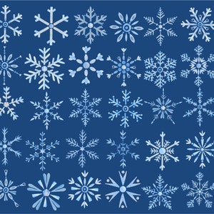 Puede incluir: Una colecci&oacute;n de 36 copos de nieve azules de acuarela sobre un fondo azul oscuro. Los copos de nieve son todos de diferentes formas y tama&ntilde;os, y algunos tienen un dise&ntilde;o m&aacute;s intrincado que otros.