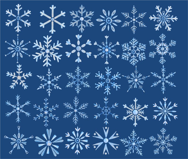 Puede incluir: Una colecci&oacute;n de 36 copos de nieve azules de acuarela sobre un fondo azul oscuro. Los copos de nieve son todos de diferentes formas y tama&ntilde;os, y algunos tienen un dise&ntilde;o m&aacute;s intrincado que otros.