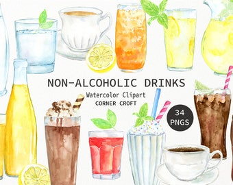 Watercolor Drinks Clipart, Soft Drinks Illustration (Digital Download)