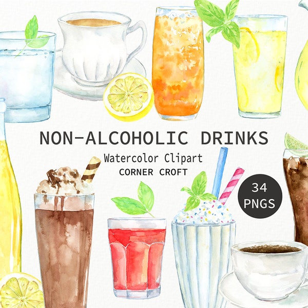 Watercolor non-alcoholic drinks clipart, water, juice, milk, fizzy drink, cola, milkshake, hot chocolate,garnish for instant download