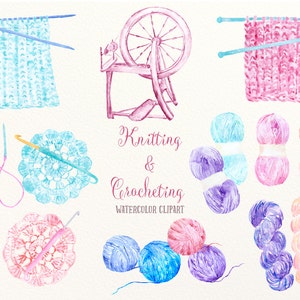 Aquarell Clip Art stricken und häkelnde, Jahrgang Spindel Räder, stricken und Häkeln Stücke für Instant download Gästebuch