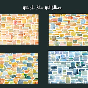 Op de afbeelding: Vier aquarelpatronen van stenen muren. De patronen bevatten verschillende kleuren en vormen van stenen, waaronder rood, oranje, geel, blauw en groen.