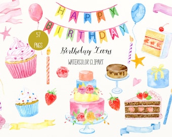 Birthday icon clip art with watercolor Birthday cakes, cupcakes, banners, ribbons, balloons, buntings