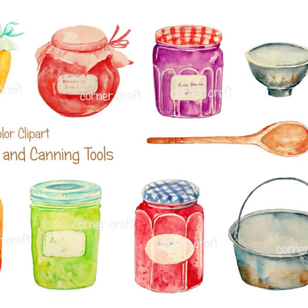 Watercolor clipart jam jar and canning equipment printable instant download