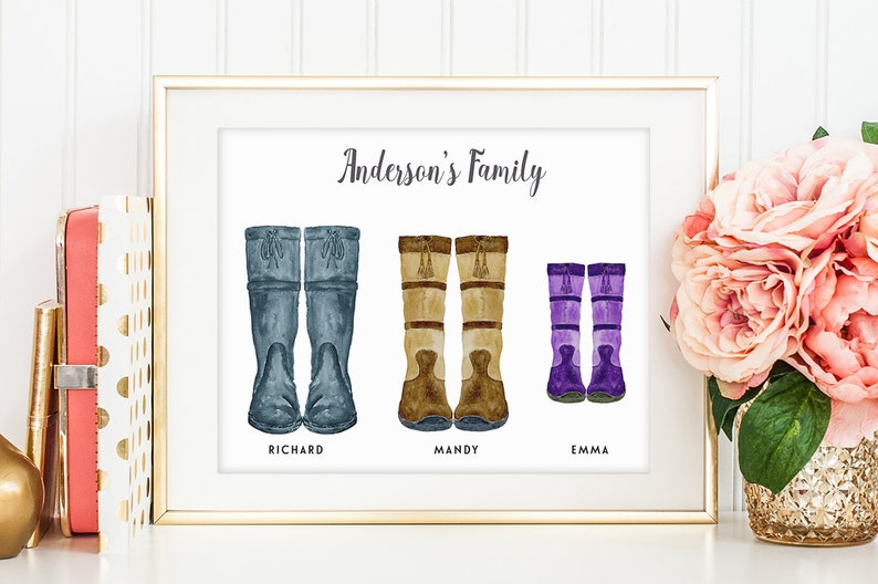 May include: A framed print with a watercolor illustration of three pairs of boots. The boots are in different colors: blue, brown, and purple. The text "Anderson's Family" is at the top of the print. The names "Richard", "Mandy", and "Emma" are written below each pair of boots.