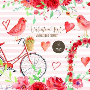Aquarelle des cliparts Saint-Valentin rouge, roses rouges, bicyclette, oiseaux rouges, arrangement floral, fleurs rouges, texture aquarelle pour téléchargement immédiat