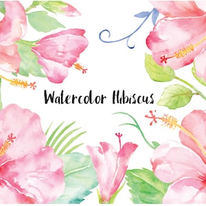 Aquarell rosa Hibiskus, dekorative Blätter und Gras, sofortiger Download für Grußkarten, DIY Hochzeitseinladungen