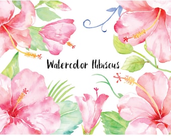 Watercolor Pink Hibiscus Clipart, Floral Design Elements (Instant Download)