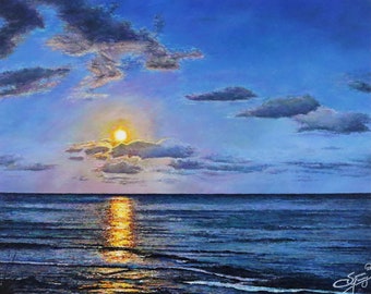 Coastal Moonrise-Original Beach Painting-Oil on Stretched Canvas by Spencer Yancey