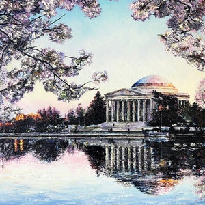 PRINTS of Original Palette Knife Oil Painting-Jefferson Blooming-DC Cherry Blossom Bloom-DC Tidal Basin Painting by Spencer Yancey