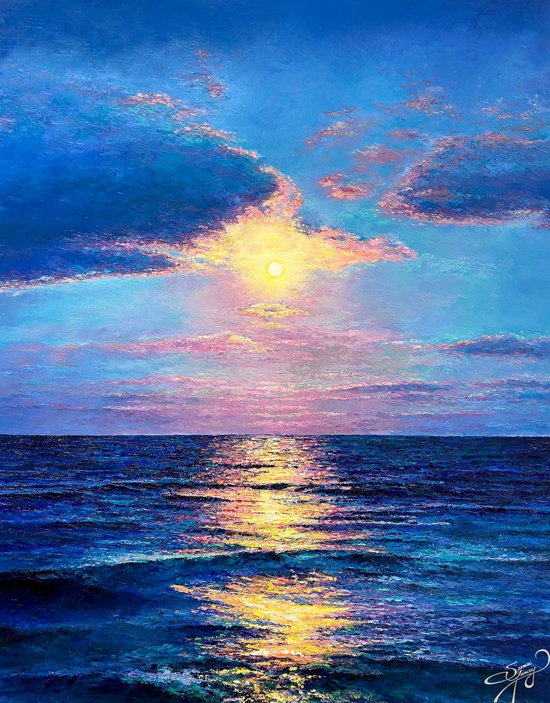 Blue Moonrise Print-Ocean Moonrise-Beach Art-Print of Original Textured Oil Painting by Spencer Yancey image 1