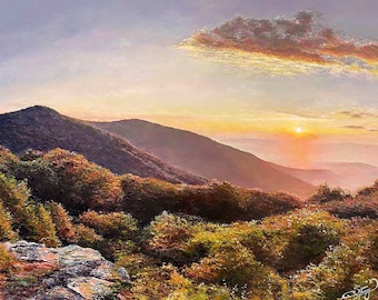 Shenandoah Sunset-Mountain Art-Blue Ridge Mountains-Shenandoah National Park-Print of Original Textured Oil Painting by Spencer Yancey