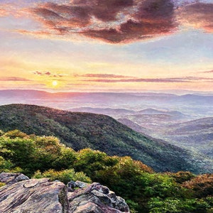 PRINTS of Original Textured Oil Painting-Valley Sunset-Mountain Painting-Blue Ridge Mountain Art-Palette Knife Painting by Spencer Yancey
