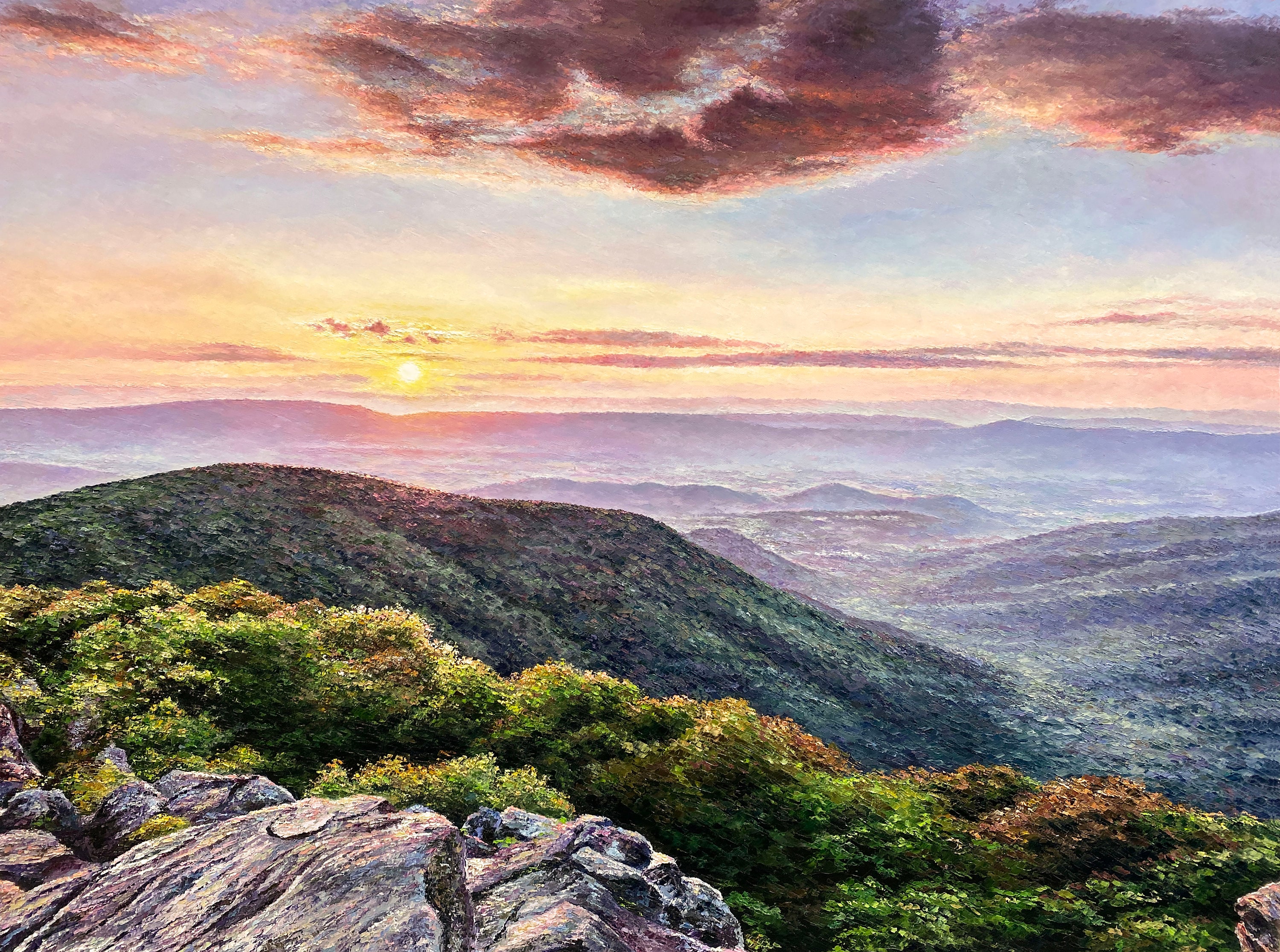 PRINTS of Original Textured Oil Painting-Valley Sunset-Mountain Painting-Blue Ridge Mountain Art-Palette Knife Painting by Spencer Yancey