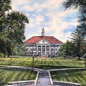 Obra de arte de la Universidad James Madison - Impresión de la JMU - Wilson Hall - Primavera en la impresión cuádruple de la pintura al óleo texturizada original de Spencer Yancey
