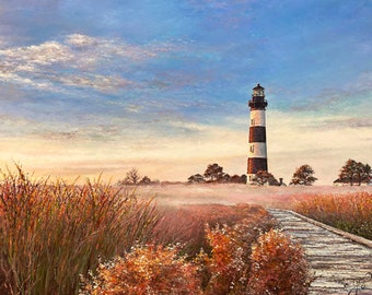 Bodie Island Sunset-Original Beach Painting- Lighthouse Painting- Original Oil Painting on Stretched Canvas by Spencer Yancey