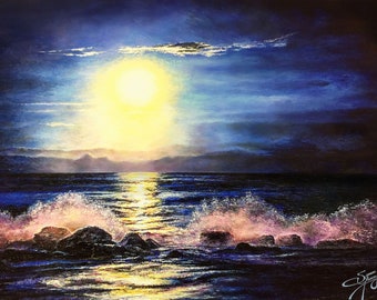 PRINTS of Original Textured Oil Painting-Coastal Blue Moonrise-Seascape Print-Beach Art-Print by Spencer Yancey