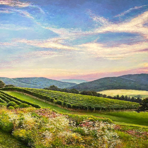 Vineyard Print-Evening at Pippin Hill-Wine Print-Print of Original Textured Oil Painting by Spencer Yancey