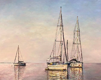 Floating Tranquility- Anchored Sailboat Art- Sailboat Painting- Original Oil Painting on Stretched Canvas by Spencer Yancey