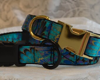 Elegant DOG COLLAR with Bonus Flower or Bowtie - Stylish & Strong - Turquoise, Purple, Gold Abstract