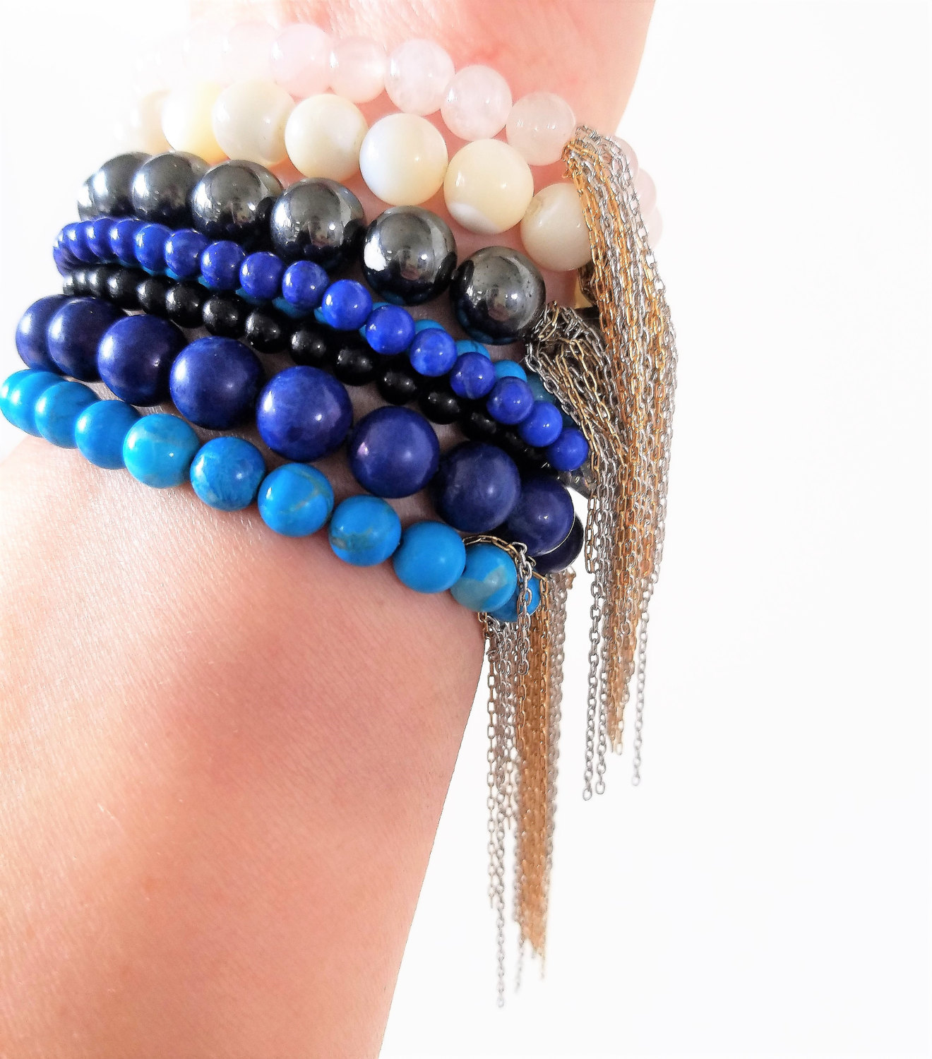 semiprecious stone bead bracelet with chains. 6mm bead Etsy