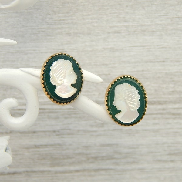 Vintage Wells 14k Gold Filled Carved Shell & Genuine Emerald Green Gemstone Cameo Stud Earrings