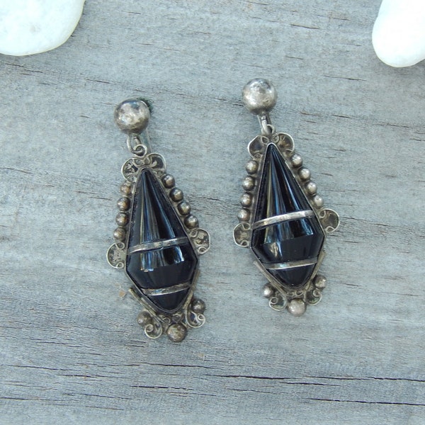 Vtg Mexican 925 Sterling Silver Onyx Black Glass Drop Dangle Screw-Back Earrings, Beaded Scroll, Signed AG GuadMex, Guadalajara, Mexico, 10g