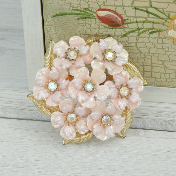 Vintage Coro Pink Lucite Floral Flower Cluster Rhinestone Brooch Pin, Layered Pearlized Plastic Petals w/ Clear AB Aurora Borealis Stones