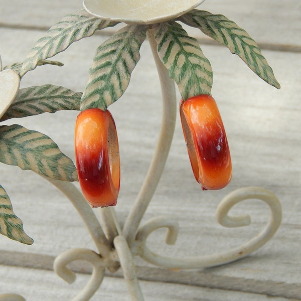 Vintage Red & Orange Enamel Thick Hoop Clip-On Clamper Earrings, Spring Hinged Infinity