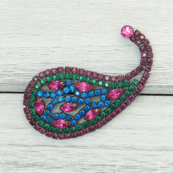 Vintage Thelma Deutsch Rhinestone Paisley Teardrop Brooch Pin, Multicolor Fuchsia Pink Blue Green Plum Purple