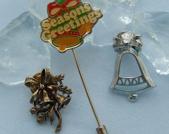 Vintage Christmas Festive Bell Lapel Stick Pin 3-pc lot, Enamel Swib, Avon, USA