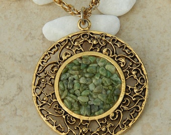 Vintage Genuine Jade Chip Nugget Cluster Medallion Pendant Necklace, 21" Gold-Tone Rope Chain, Large Statement