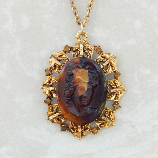 Vintage LJM Laurentian Brown Slag Glass Cameo Pendant Necklace, Root Beer Tortoise Shell, High Relief