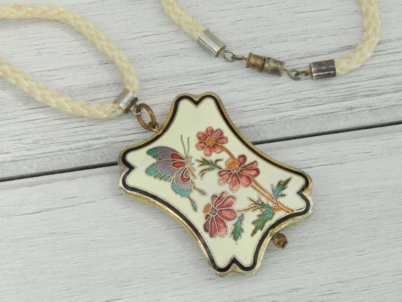 Vintage Cloisonne Floral Butterfly Puff Pendant o… - image 2