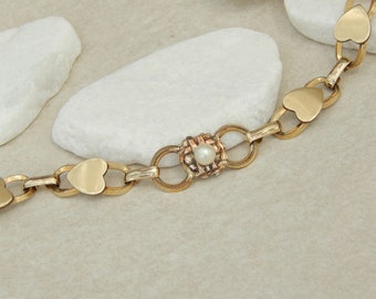 Vintage La Mode Mid-Century 12k Gold-Filled Heart Link Bracelet w/ Genuine Pearl Accent, 6.5" Wearable Length