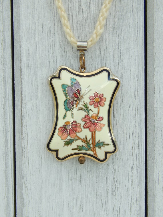 Vintage Cloisonne Floral Butterfly Puff Pendant o… - image 1