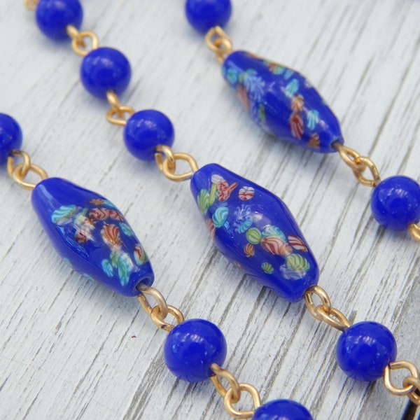 Vintage 47" Cobalt Blue Japanese Millefiori Wire-Strung Glass Bead Necklace, Single Strand, Floral Art Glass, Lampwork