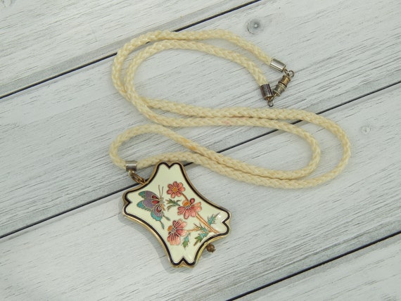 Vintage Cloisonne Floral Butterfly Puff Pendant o… - image 3