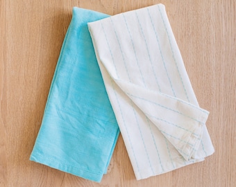 Hand-Loomed Cotton Kitchen Towels, Set of 2: Turquoise Pinstripes
